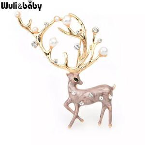 REINDEER BROOCH Vintage Pin Christmas Holiday Bow Rhinestone Pearls Enamel Tan